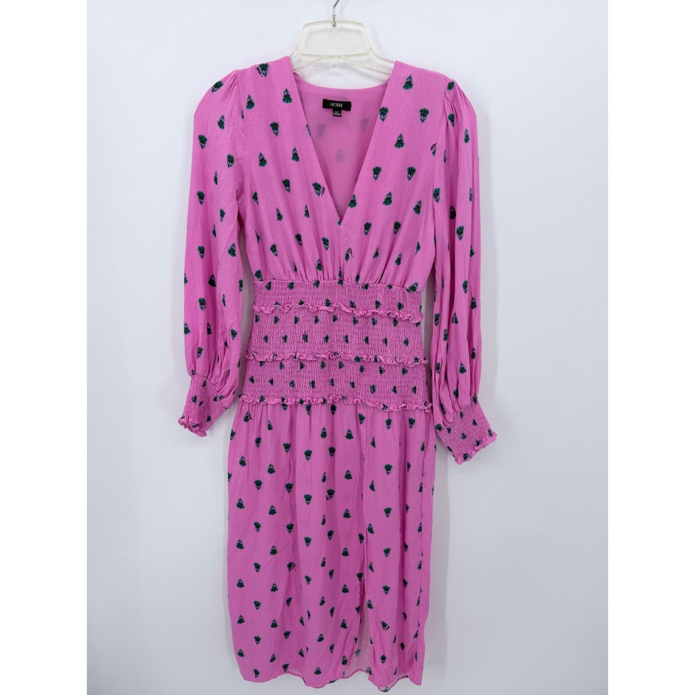 AFRM‎ Midi Dress Women Small Pink Floral Smocked Waist V-Neck Long Sleeve Slit